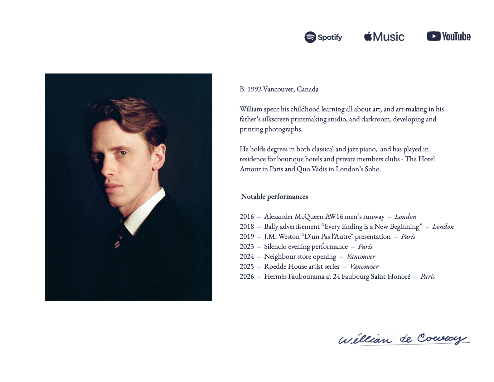 William de Courcy Press Kit - Classical and jazz pianist from Vancouver, Canada, featuring biography and notable performances