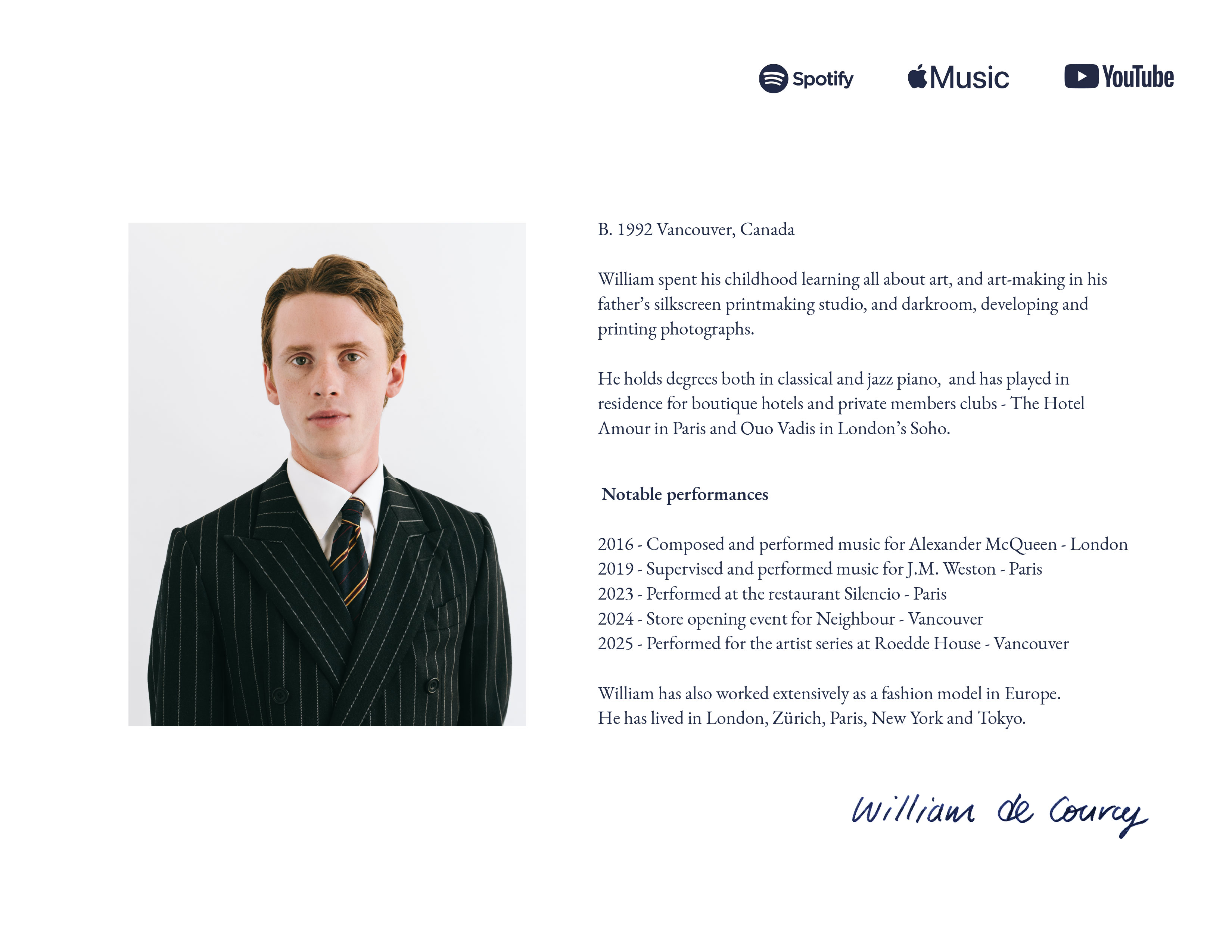 William de Courcy Press Kit - Classical and jazz pianist from Vancouver, Canada, featuring biography and notable performances